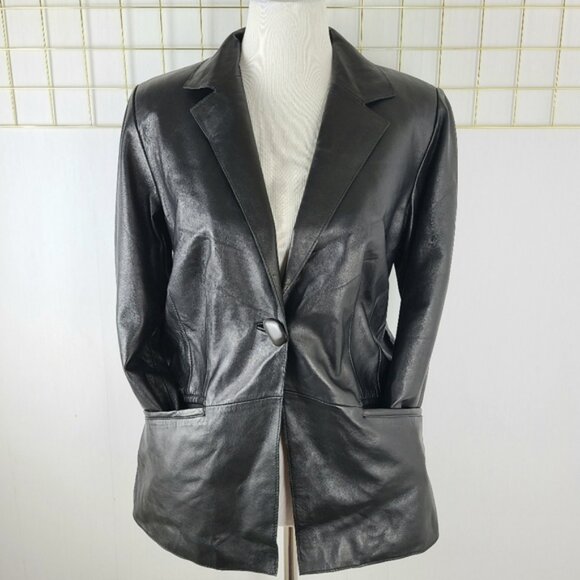 Black Genuine Lamb Leather One-Button Classic Blazer - Picture 2 of 12